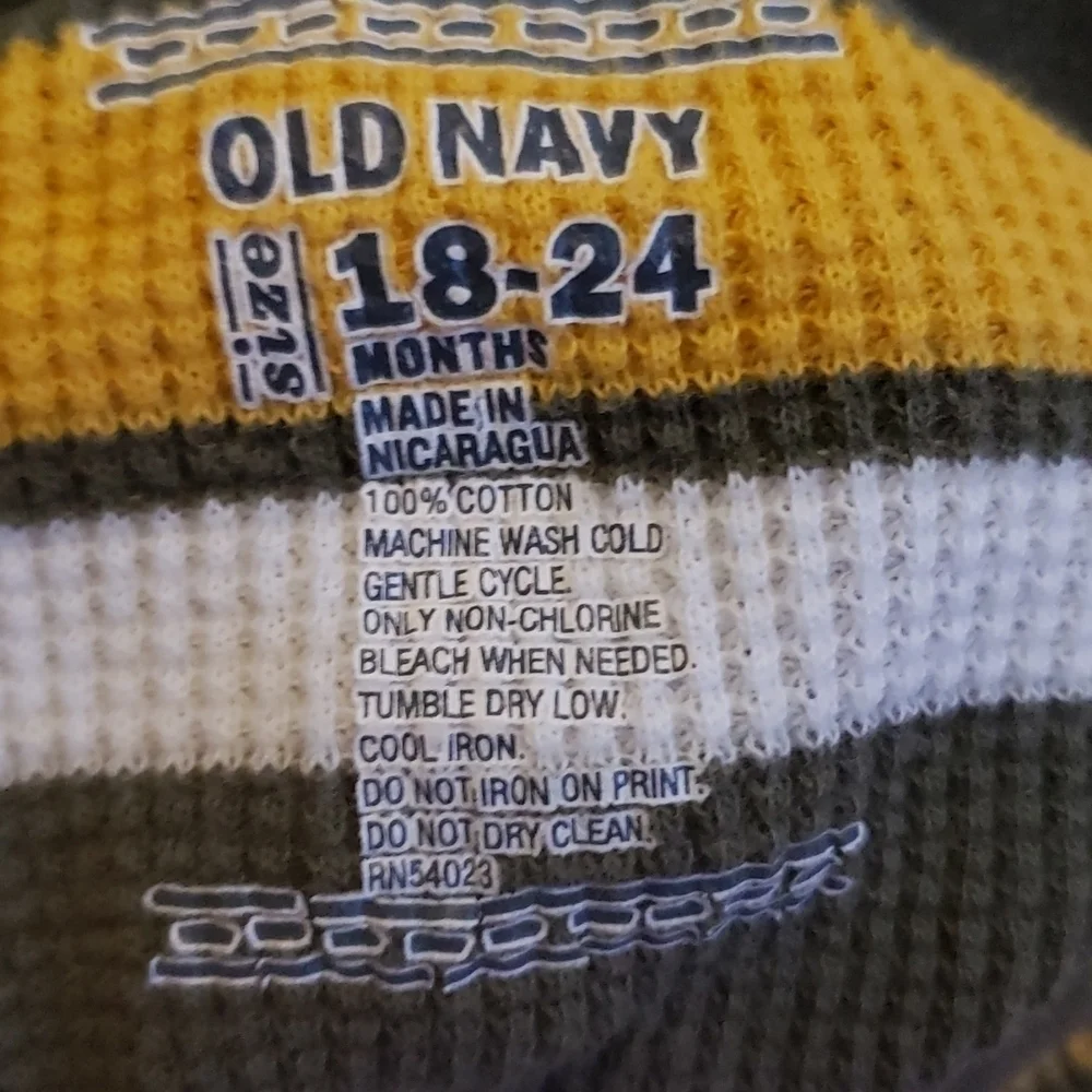 Old Navy Olive Green Yellow White Striped Thermal Long Sleeve Shirt 18-24M EUC